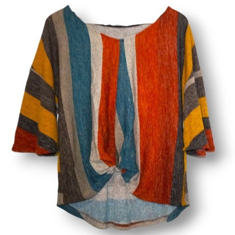 Boutique Earthtone Striped Boho Knot Front Blouse-Small-3/4 Bell Sleeve-NWOT